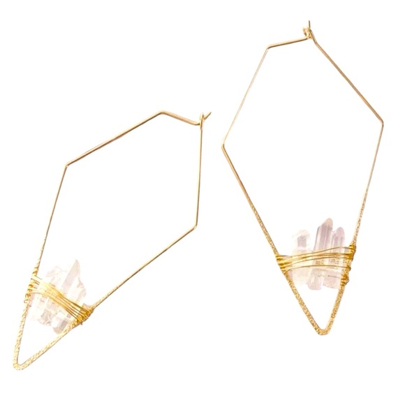 Crystal Quartz Stone Gold Geometric Triangle Hoop Statement Earrings - Picture 1 of 14